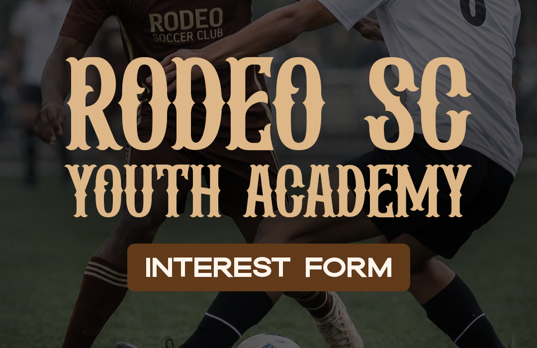 Rodeo SC Youth Academy graphic for Youth Academy Interest Form Registration with a link to the playmetrics registration 